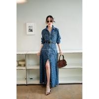 ราคา เดรสยีนส์แขนยาวลายดอกกระดุมทอง เข็มขัด (40173733176)