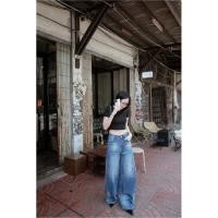 ราคา ꫛꫀꪝ Washed Denim รุ่นใหม่ กางเกงยีนส์เกาหลีทรงกระบอกใหญ่ ตีเกล็ดพับด้านข้างดีไซน์เก๋ (28834648884)