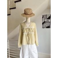 ราคา เสื้อแขนยาวดีไซน์เก๋น่ารักคอวีช่วงอกเย็บจีบย่นขลิบลูกไม้สวยๆมีเชือกมัดโบว์ลุคเกาหลีเกาใจ (28142593133)