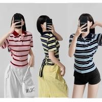 ราคา Korea T shrit เสื้อไหมพรมคอปก ลายริ้ว 2Tone ดีเทลผูกหลัง รุ่นนี้งานบินนะคะ สไตล์เกาหลีเกาใจ แมตช์คู่กระโปรงเข้ากันสุดๆ (24858973919)