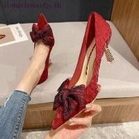 ราคา รองเท้าส้นสูง หัวแหลม ประดับโบว์ สีแดง แฟชั่นฤดูใบไม้ผลิ สไตล์จีน สําหรับผู้หญิง (26669891542)