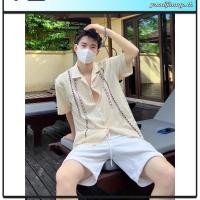 ราคา D H เสื้อเชิ้ตพิมพ์ลายคอปกคิวบาที่ออกแบบมาเฉพาะสำหรับฤดูร้อนเสื้อเชิ้ตแขนสั้นสไตล์ฮาวายย้อนยุคสีเบจ (43271538312)