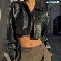 ราคา Hgm women เสื้อแจ็คเก็ตหนังครอปสีทึบลําลองแขนยาวกระดุมลงเสื้อกันหนาวฤดูใบไม้ร่วงทนกว่า (29669170836)