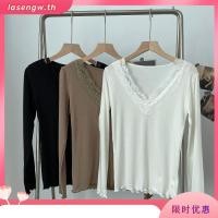 ราคา NZN สุภาพสตรีเวอร์ชั่นเกาหลีแฟชั่นลูกไม้สีขาวคอวีสลิมฟิตเสื้อแขนยาว (42823985819)