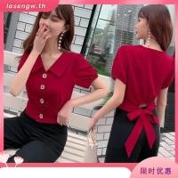 ราคา เสื้อเชิ้ตสั้นแฟชั่นสตรี ผูกโบว์ด้านหลัง เสื้อแขนสั้นคอวีสีแดง (40621948339)