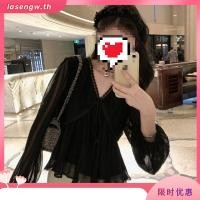 ราคา เสื้อเบลาส์แขนยาวคอวี ผ้าชีฟอง ลูกไม้ (51051975906)