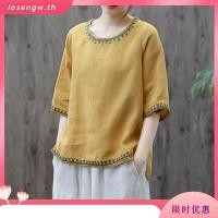 ราคา แนวอาร์ตวินเทจ ผ้าฝ้ายผสมผ้าลินินสีล้วนปักลาย คอกลมแขนห้าส่วนTเสื้อ ฤดูร้อนรุ่นใหม่ เสื้อผู้หญิงไซส์ใหญ่ทรงหลวมแมทช์ลุคง่าย AX3367 (29973260748)