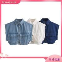 ราคา Fusionbyte เสื้อเชิ้ตยีนส์ครอปคอปกโปโลแขนกุดหญิงเสื้อสั้นวินเทจพร้อมกระเป๋าขนาดใหญ่ Patchwork Chic ฤดูใบไม้ผลิ (29222060792)