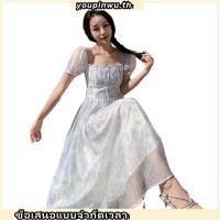 ราคา เดรสลายดอกสีฟ้ารุ่นใหม่ มีสายที่คอและแขนสั้น เดรสแฟชั่นชายหาดผู้หญิง พร้อมกระโปรงบาน แมกซี่ การควบคุมคุณภาพ (43926677708)