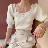 ราคา French vintage bubble sleeve square collar T shirt summer thin ice silk short sleeved T shirt high quality short knitted T shirt (20889223979)