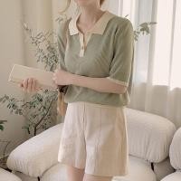 ราคา Gentle breeze smashes color ice silk t shirt women s short sleeved sweater summer POLO collar blouse (20889213914)