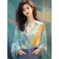 ราคา Chic design colorful smudge dyed beautiful shirt autumn fashion slimming chiffon shirt age reducing shirt female (28011152901)