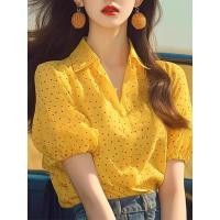 ราคา Korean yellow POLO collar short sleeved shirt for women s summer unique commuting niche shirt (26311157695)