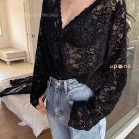 ราคา เสื้อเชิ้ตแขนยาวสีดำคอวีงานลูกไม้ ดูดีทุกโอกาส (24943680625)