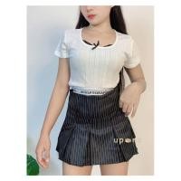 ราคา ชุดเข้าเซ็ตลุคสวยหรู เสื้อยืดแขนลูกไม้ กระโปรงสั้นลายทาง (54500712015)