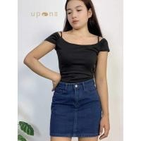 ราคา ชุดเซ็ตแฟชั่น เสื้อยืดแขนสั้นเปิดไหล่ กระโปรงยีนส์กระชับ (46400381303)