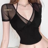 ราคา เสื้อครอปคอตาข่ายสีดำแนบเนื้อ แฟชั่นผู้หญิงยุโรป (43650336949)