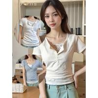 ราคา เสื้อยืดแขนสั้นผู้หญิง ดีไซน์สวย ลายดอกไม้และลูกไม้ (43017611417)