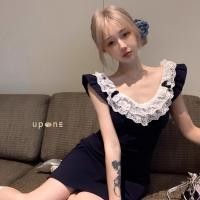 ราคา เดรสแขนสั้นลูกไม้ ทรงเก็บเอว แฟชั่นสายฝอ (42105293427)