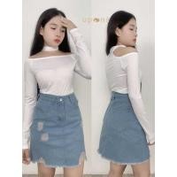 ราคา ชุดเซ็ตสาวเก๋ เสื้อแขนยาวเปิดไหล่ กระโปรงยีนส์ขาด (28992704472)