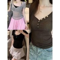 ราคา เสื้อยืดคอวี สั้น ดีไซน์กระดุมหน้า โชว์อกดูดี (28489679930)