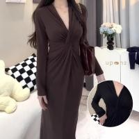 ราคา เดรสแขนยาวคอวีผูกเกลียว ทรงสวยใส่แล้วดูเพรียว (27570395194)