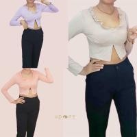 ราคา เสื้อยืดครอปสั้นเเขนยาวคอลึกคอระบายสีพื้น เอวเเต่งปลายวี (22751908413)