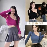 ราคา พร้อมส่ง ชุดเซ็ท 2 ชิ้น เสื้อครอปเปิดไหล่ข้างเดียว ครอปแขนยาวทรงเข้ารูป (20873702827)