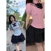 ราคา เสื้อเชิ้ตผู้หญิง แขนสั้น ทรงสั้นพอดีตัวเข้ารูป สวนงาม (44370313258)