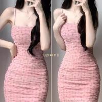 ราคา เดรสสายเดี่ยวสีชมพู ดอกไม้เล็กๆ กระโปรงยาว ปรับทรงสวย (41158570837)