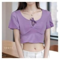 ราคา เสื้อครอปแขนสั้นคอหวาน ผูกโบว์สดใส (40358727117)