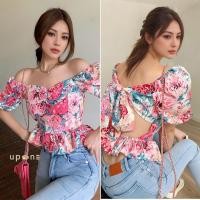 ราคา เสื้อครอปเปิดไหล่ผู้หญิง แขนพอง ลายดอก สวยหรู (29131874966)