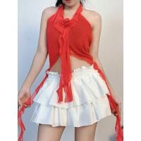 ราคา ชุดเข้าเซ็ตเก๋ๆ เสื้อคอผูกโชว์หลัง กระโปรงทรงเค้ก สไตล์สาวหวาน (56600673621)