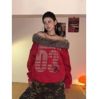 ราคา อเมริกันย้อนยุคสีแดงดิจิตอลพิมพ์แบนคอขนสัตว์คอปกแขนยาวเสื้อยืดผู้หญิงฤดูใบไม้ร่วงฤดูหนาวหลวมด้านบน (50200625719)