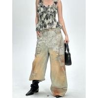 ราคา อเมริกันย้อนยุคดิจิตอลพิมพ์ลูกไม้โซ่กางเกงยีนส์หญิงสาวร้อนออกแบบซอกขากว้าง (42150083763)