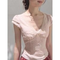 ราคา French Pure Desire ลูกไม้ V คอผ้าฝ้ายลินิน เสื้อไซต์เล็กสำหรับผู้หญิง ดีไซน์ฤดูร้อน พันแหววน้ำหนักเบา แขนสั้น T shirt (24095495191)