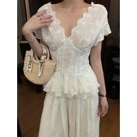 ราคา ฝรั่งเศสปักลูกไม้เสื้อเชิ้ตสีขาวผู้หญิงฤดูร้อนคอวีแคบ เอวแขนสั้นเสื้อเด็กด้านบน (42652124033)