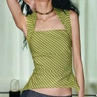 ราคา Retro Contrast สีลายสก๊อตไม่สม่ำเสมอ Hem จีบ เสื้อแขนกุดสำหรับฤดูร้อน (44107465660)