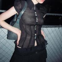 ราคา สีดําบริสุทธิ์ปรารถนาซีทรูเสื้อตาข่ายแสงสไตล์ฮ่องกงสาวร้อนปกติดกระดุมเสื้อไหล่ (41807785476)