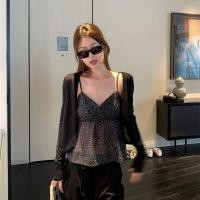 ราคา เสื้อคาร์ดิแกนถักสีทึบปุ่มเดียว ชุดเสื้อกั๊กลายดอกไม้สลิง (40108187362)