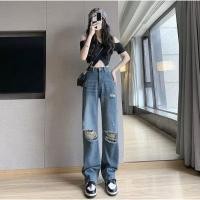 ราคา กางเกงยีนส์ขายาวขัดขาดเอวสูง ขากระบอกใหญ่ วินเทจ ทรงสวย มีครบไซส์ค่ะ (15199307004)