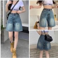 ราคา Korean กางเกงครึ่งขา Big Size S 5XL ผ้ายีนส์แท้ เอวสม็อคปรับกระดุม ตกแต่งเย็บปลายขา วินเทจ 3573 (27357718981)