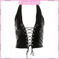 ราคา Nav ผู้หญิง Punk แขนกุด Crop Top Halter V คอ Backless Hollow เสื้อกั๊กเงา Faux หนัง Crisscross Lace Up Part (28132985080)