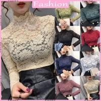 ราคา Nav ผู้หญิงดูผ่านดอกไม้เสื้อลูกไม้แขนยาวคอเต่า Hollow Out ตาข่ายเสื้อ Slim Fit Basic Bottoming Tee Top (27282986666)