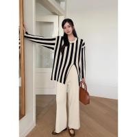 ราคา เซ็ตไหมพรมเสื้อลายทาง คอกลมแขนยาว ผ่าหน้า กางเกงขายาว (57652507453)