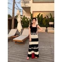 ราคา เดรสสายเดี่ยวยาวเนื้อผ้านิตดีไซน์ทอสลับสี งานสไตล์เกาหลี (42826965577)