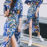 ราคา maxi dress เดรสลายดอกโทนฟ้า ส้ม สุดชิค ดีไซน์เรียบหรูแต่แอบแซ่บเบาๆ ด้วยดีเทลผ่าหน้า (28242597553)