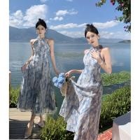 ราคา เดรสยาวสีฟ้าแขนกุดสไตล์มัดย้อมลายผ้า (24145887650)