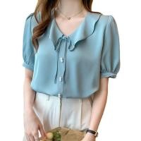 ราคา แฟชั่นเสื้อเบลาส์คอวีแขนสั้นผ้าชีฟองน่ารักสไตล์เกาหลีสําหรับผู้หญิง (46302715838)