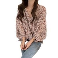 ราคา NEW เสื้อเชิ้ตแขนยาวคอวีผ้าชีฟองลายดอกไม้สําหรับผู้หญิง (52851465594)